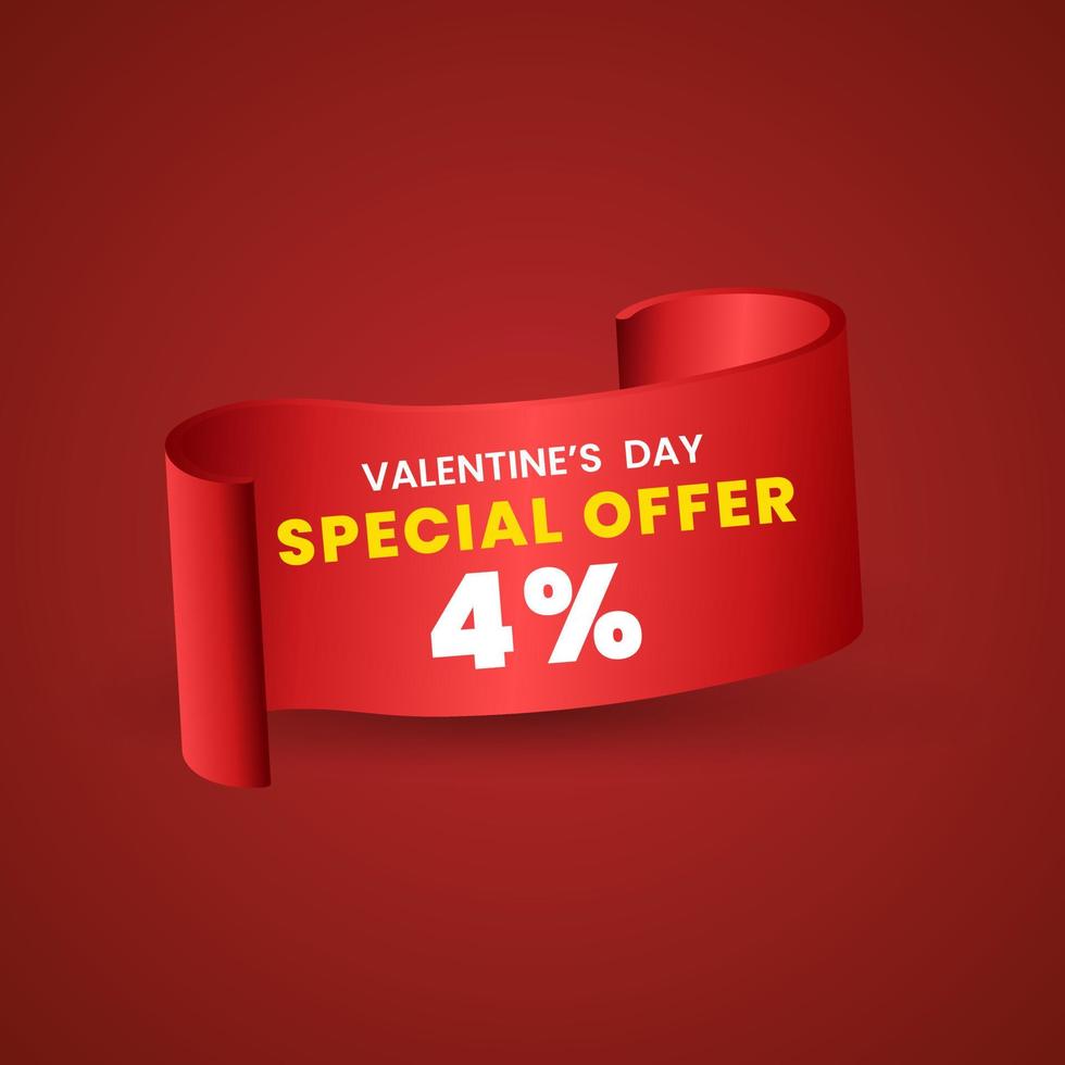 4 percent Special red offer banner design, Red ribbon on red background used in product price tag or banners concept. special Valentine Day. Vector illustration