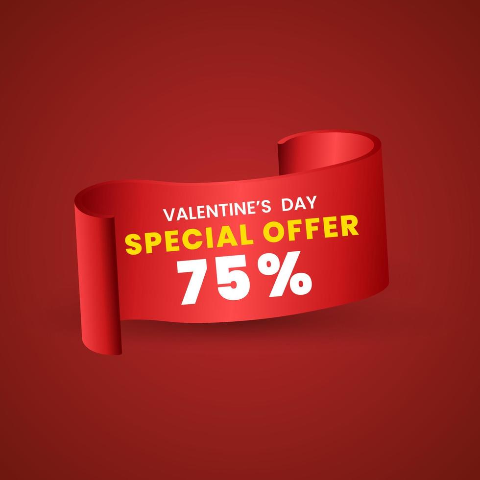 Diseño de banner de oferta roja especial del 75 por ciento, cinta roja sobre fondo rojo utilizada en la etiqueta de precio del producto o concepto de banners. dia especial de san valentin. ilustración vectorial vector