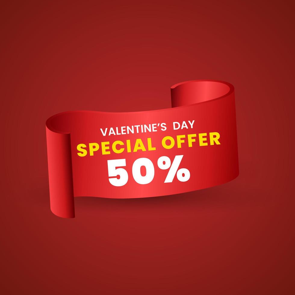 Diseño de banner de oferta roja especial del 50 por ciento, cinta roja sobre fondo rojo utilizada en la etiqueta de precio del producto o concepto de banners. dia especial de san valentin. ilustración vectorial vector