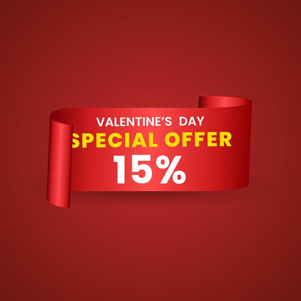 15 percent red elegant template of sale banner for Valentine Day with a scroll realistic red ribbon, an arrow and red shiny glossy hearts. Vector red background