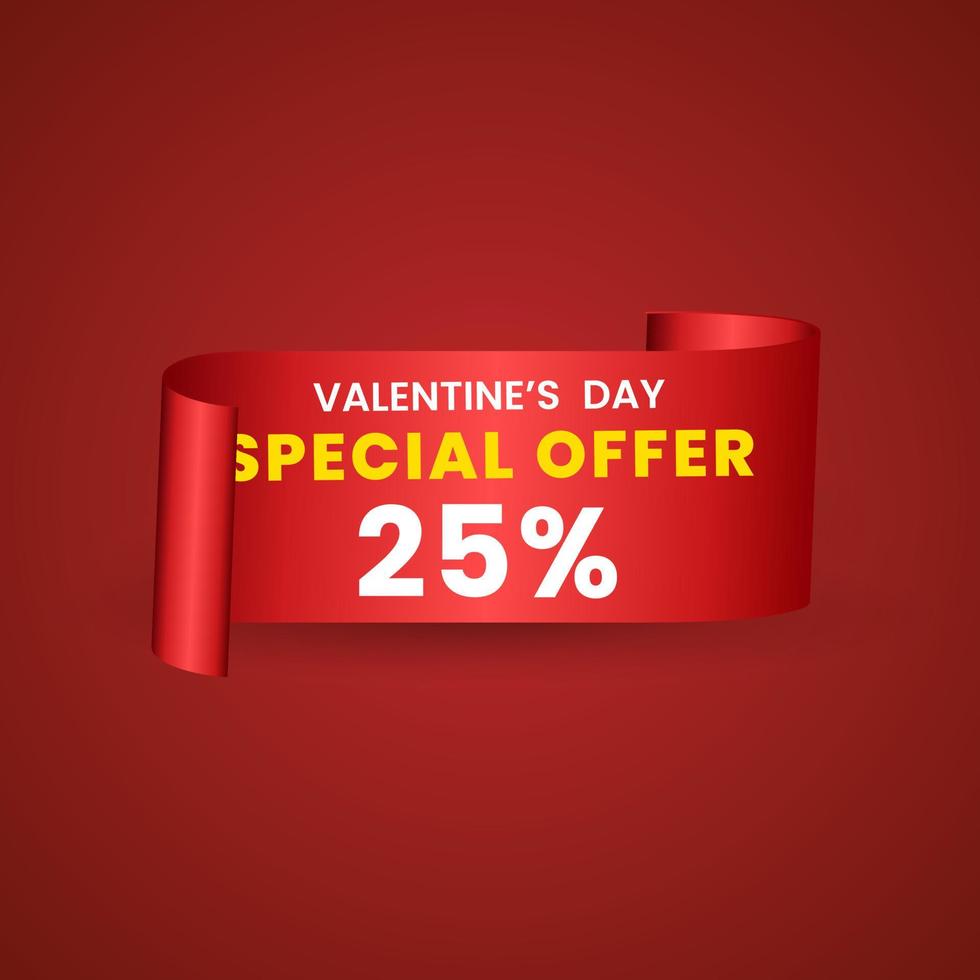 25 percent red elegant template of sale banner for Valentine Day with a scroll realistic red ribbon, an arrow and red shiny glossy hearts. Vector red background