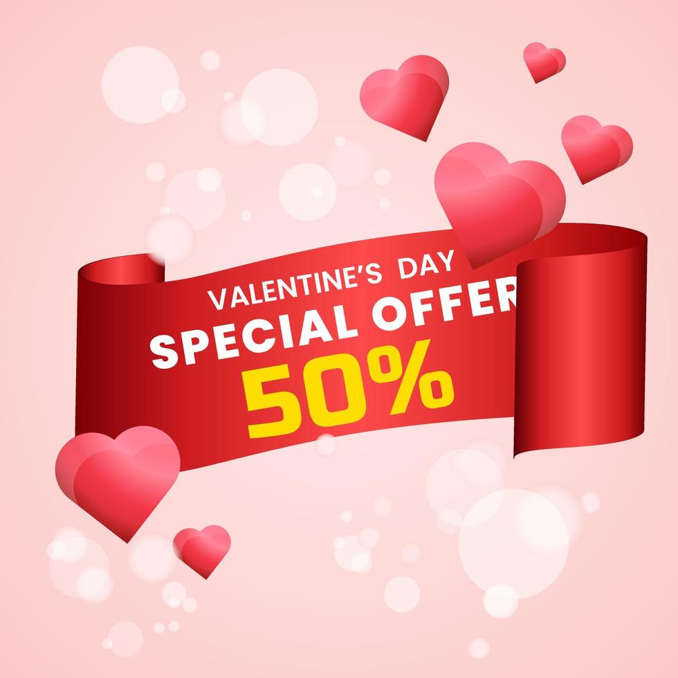 50 por ciento rosa, pastel elegante plantilla de conceptos de cinta de San Valentín de banner de venta, para el día de San Valentín con una cinta roja realista de desplazamiento y corazones rojos brillantes brillantes. ilustración vectorial vector