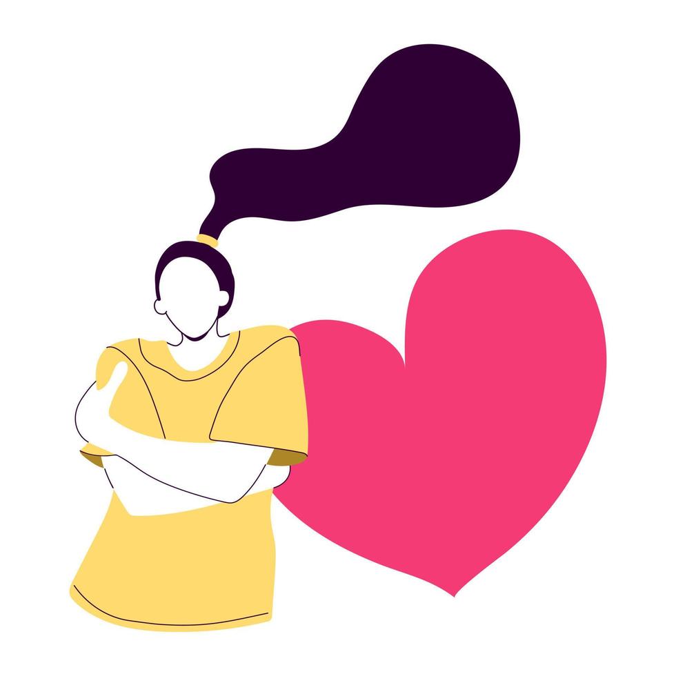 Woman hugging herself with heart vector illustration