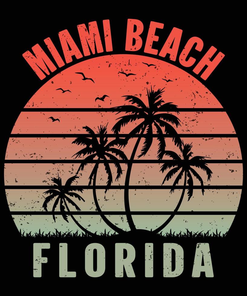 estampado de tee de miami beach florida con palmera, diseño de camiseta, ilustraciones de vectores de playa para el verano, diseño de estampado gráfico vintage de vibraciones de playa para prendas de vestir y otros.