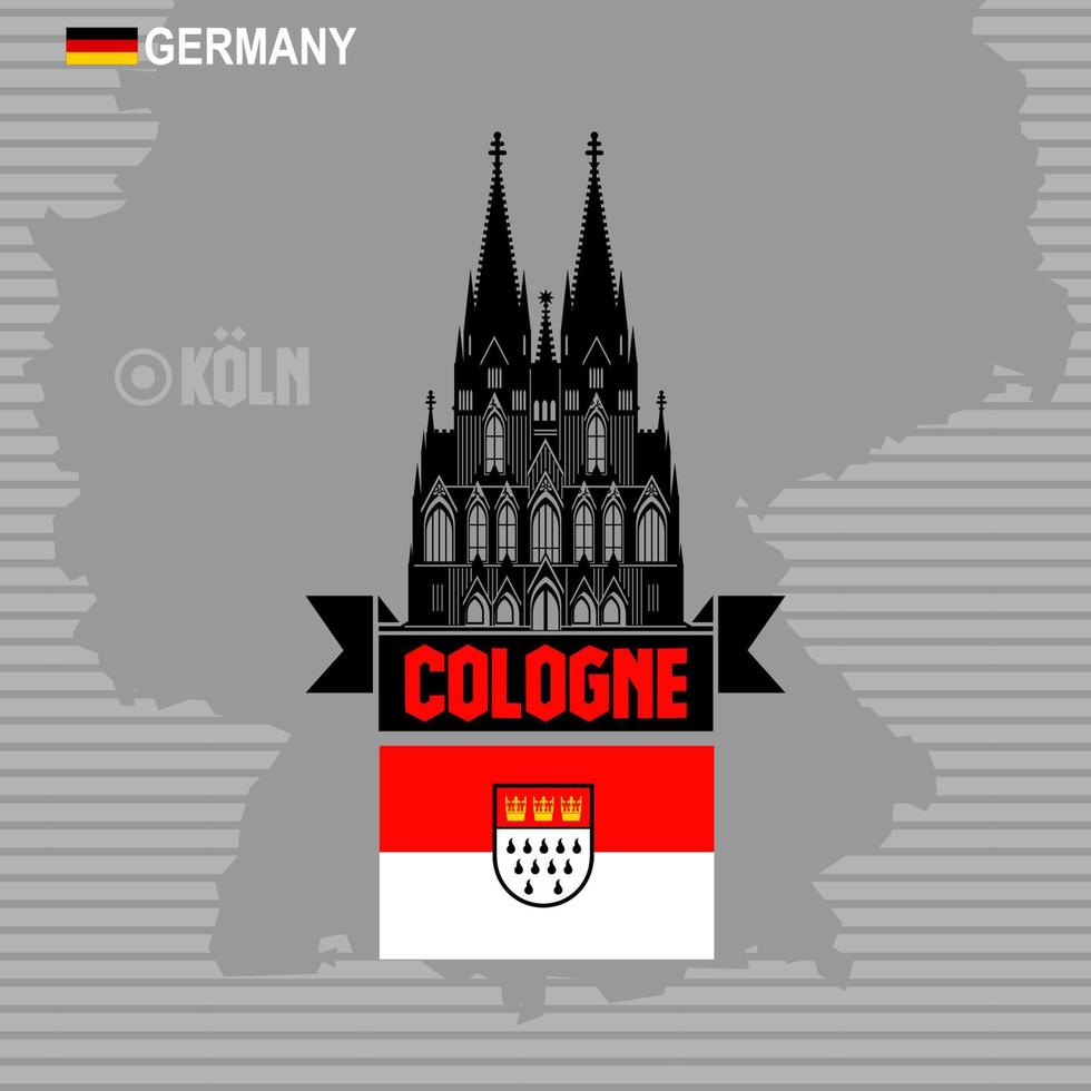 Cologne Cathedral with emblem and flag city on background of Germany map. vector