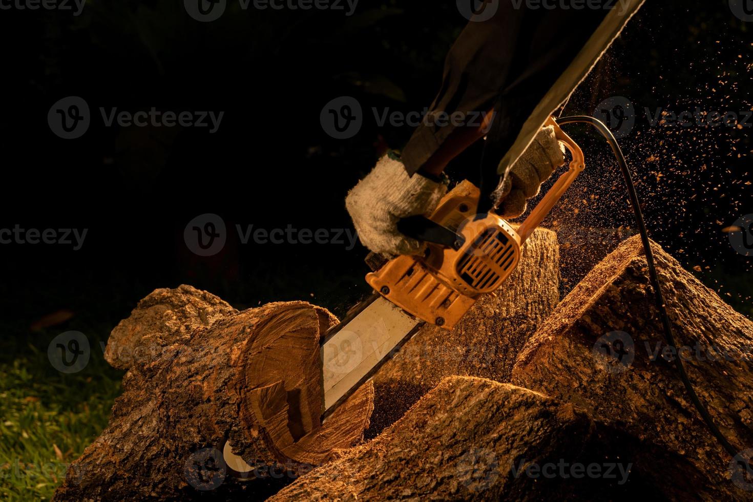 electric chainsaws cut trees in the forest for building a house and making firewood The concept of deforestation photo