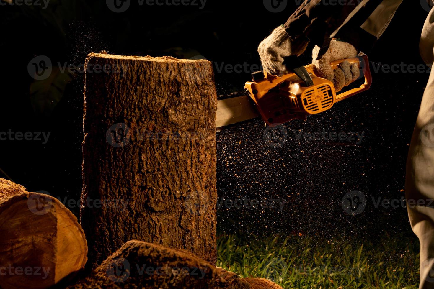 electric chainsaws cut trees in the forest for building a house and making firewood The concept of deforestation photo