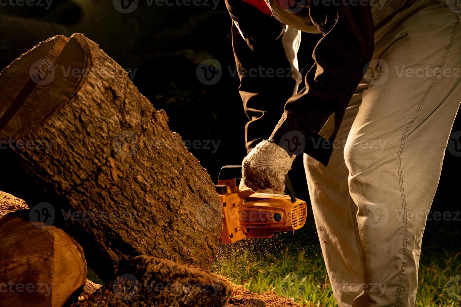 electric chainsaws cut trees in the forest for building a house and making firewood The concept of deforestation photo