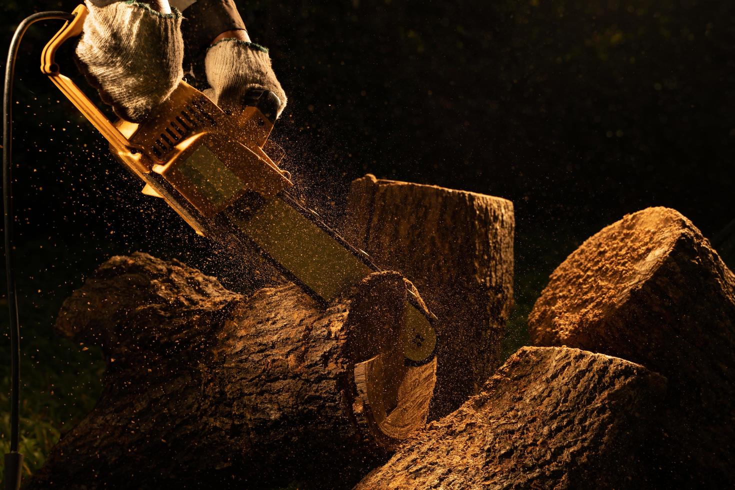 electric chainsaws cut trees in the forest for building a house and making firewood The concept of deforestation photo