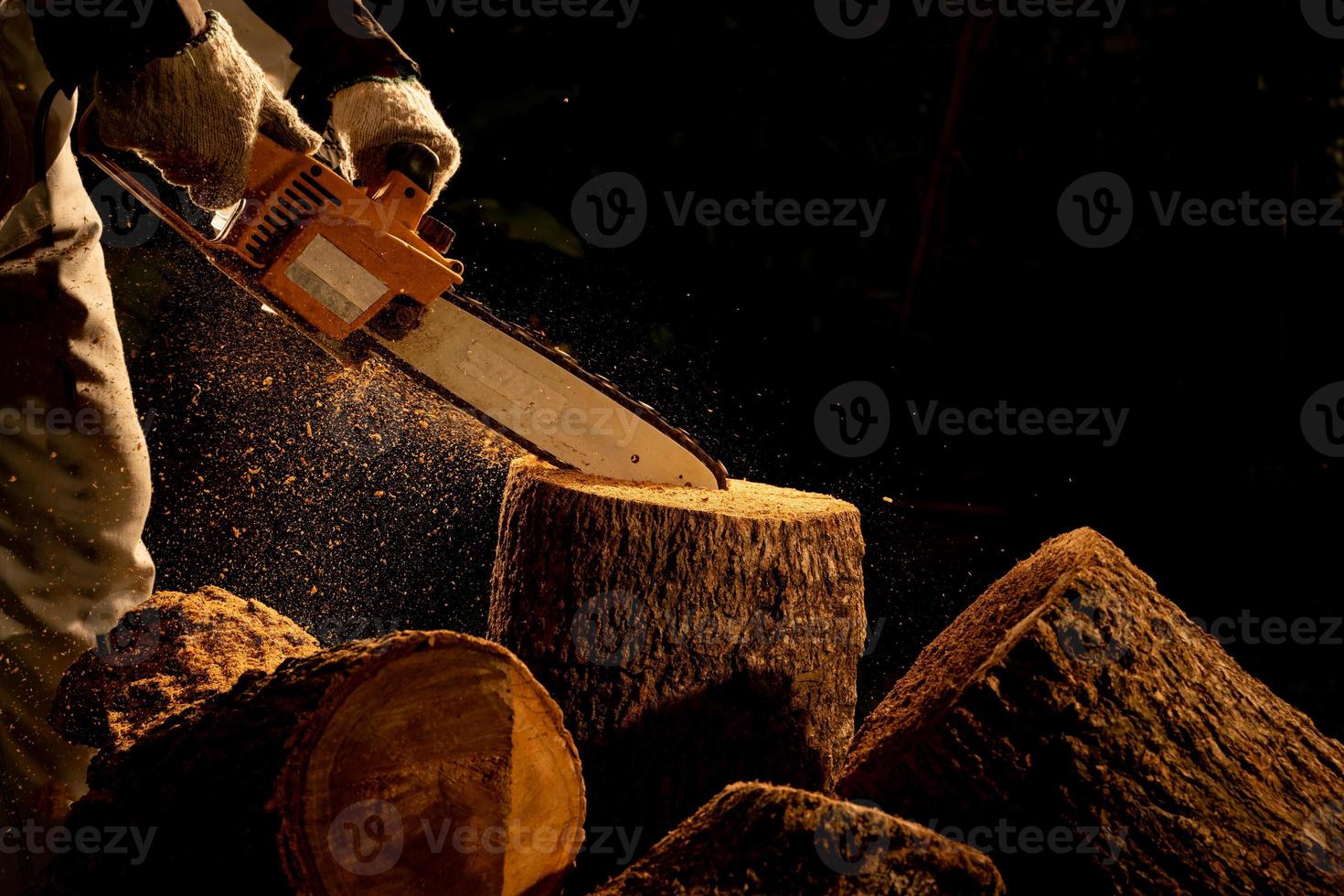 electric chainsaws cut trees in the forest for building a house and making firewood The concept of deforestation photo