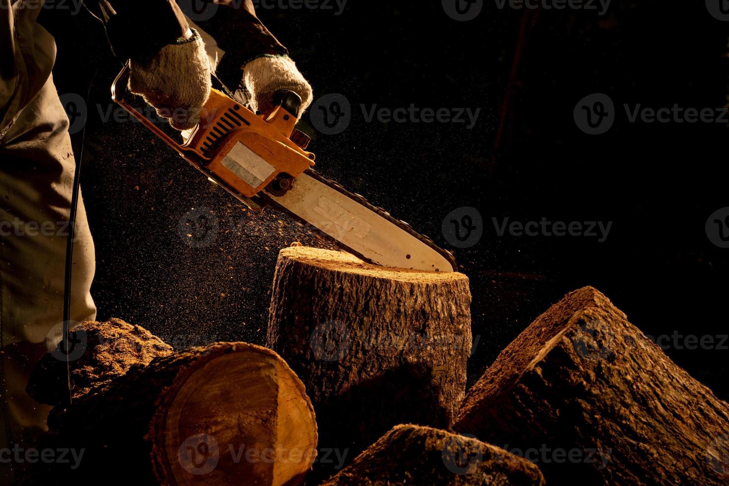 electric chainsaws cut trees in the forest for building a house and making firewood The concept of deforestation photo