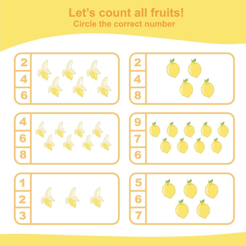 Counting worksheet for children. Count and circle the answer. Mathematic worksheet. Vector illustration.