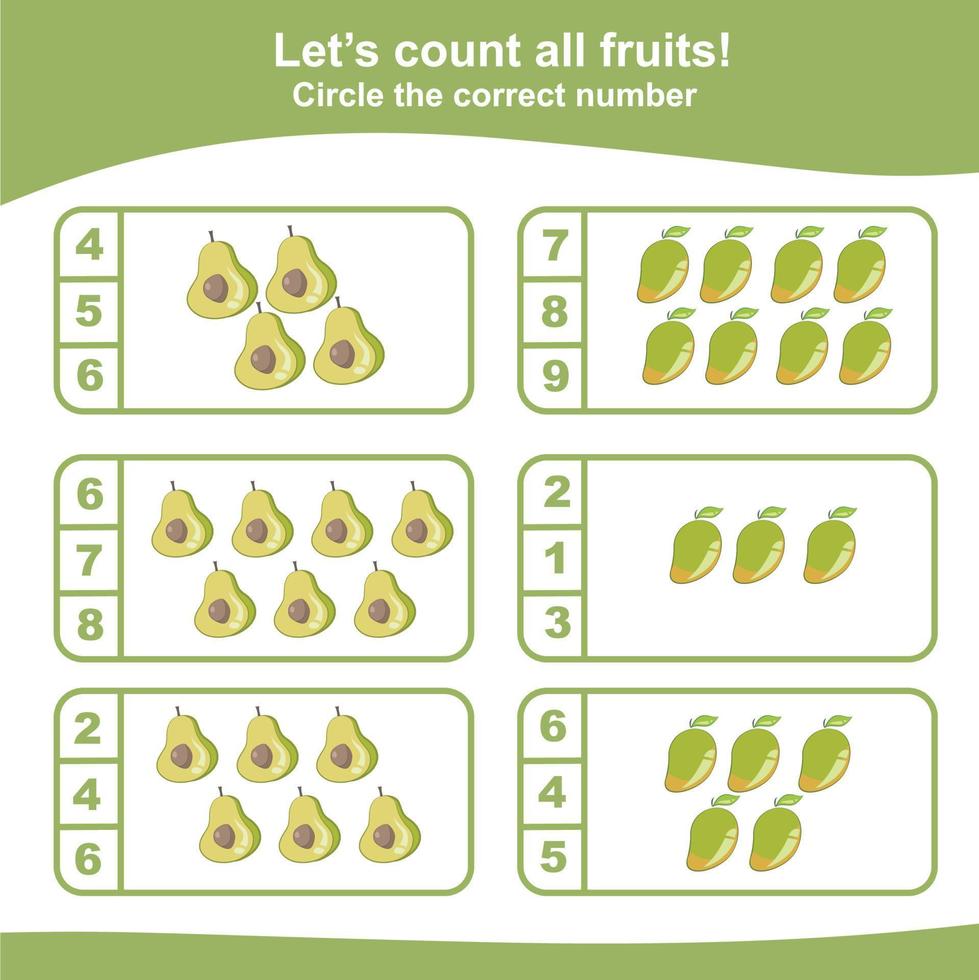 Counting worksheet for children. Count and circle the answer. Mathematic worksheet. Vector illustration.