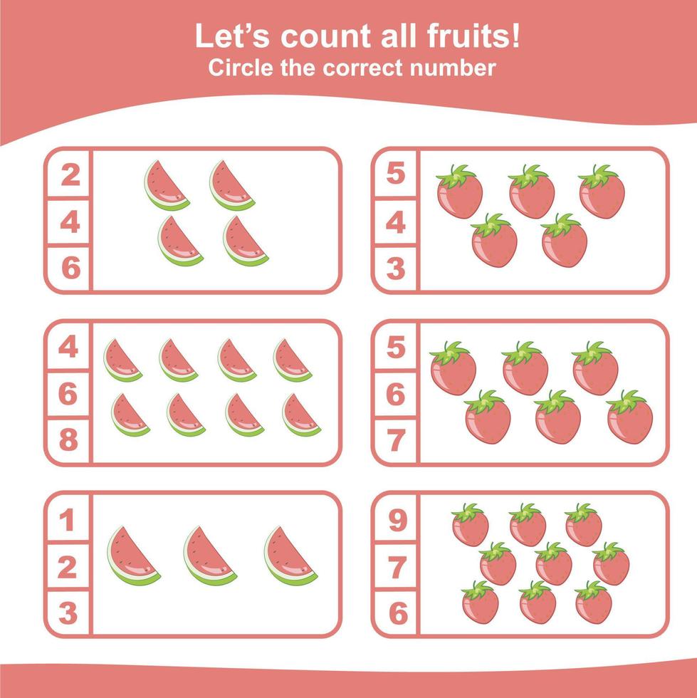 Counting worksheet for children. Count and circle the answer. Mathematic worksheet. Vector illustration.