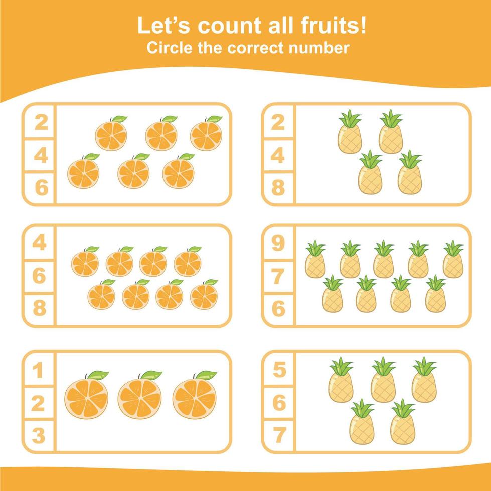 Counting worksheet for children. Count and circle the answer. Mathematic worksheet. Vector illustration.