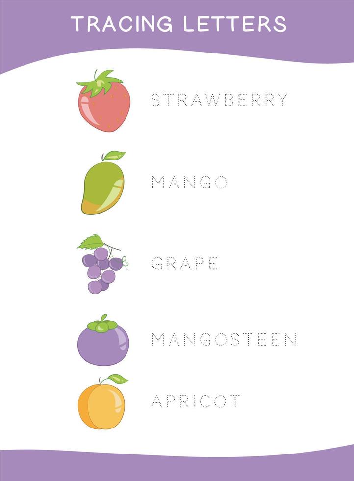 Tracing letters. Tracing names of fruits name worksheet. Writing practice. Educational printable colorful worksheet. Vector file.