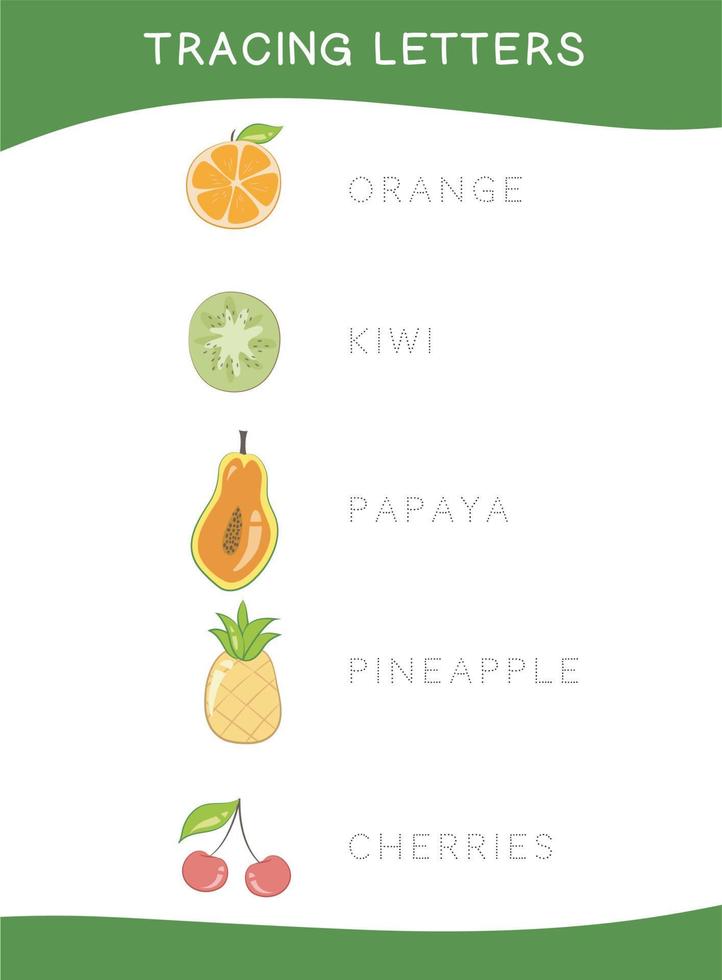 Tracing letters. Tracing names of fruits name worksheet. Writing practice. Educational printable colorful worksheet. Vector file.