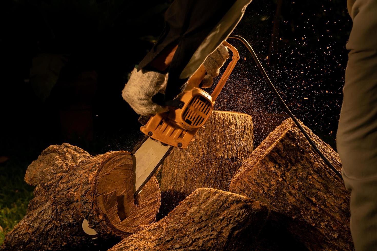 electric chainsaws cut trees in the forest for building a house and making firewood The concept of deforestation photo