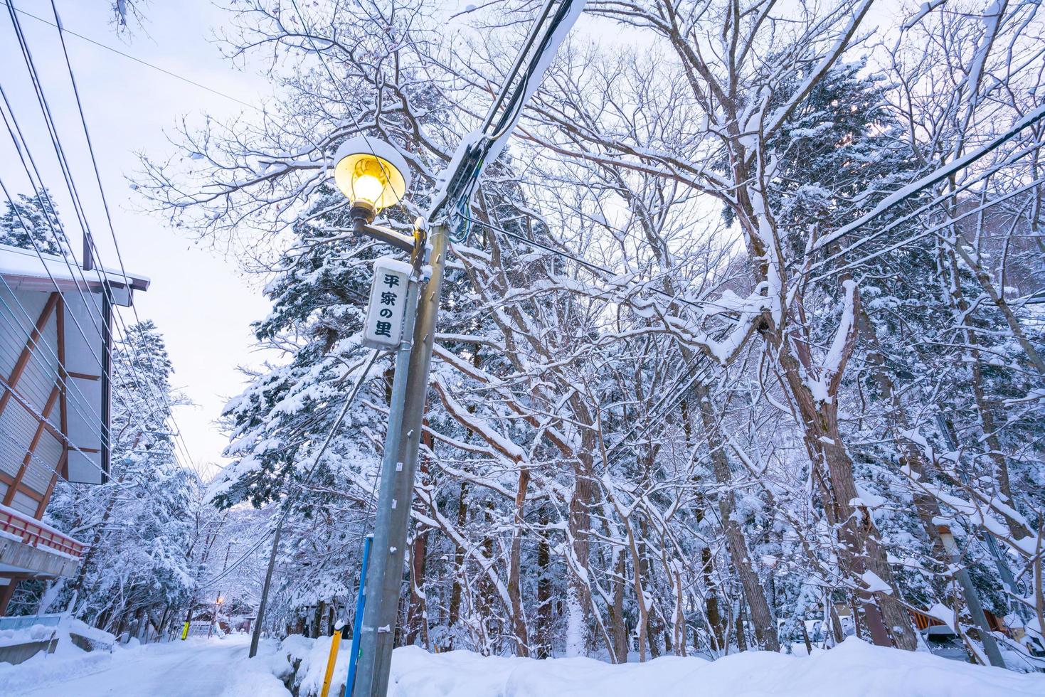 nikko, japón - 26 de enero de 2023. lámpara de tungsteno y un letrero de pueblo japonés, camino cubierto de nieve pesada en el pueblo de heike no sato en la prefectura de tochigi, ciudad de nikko, foto