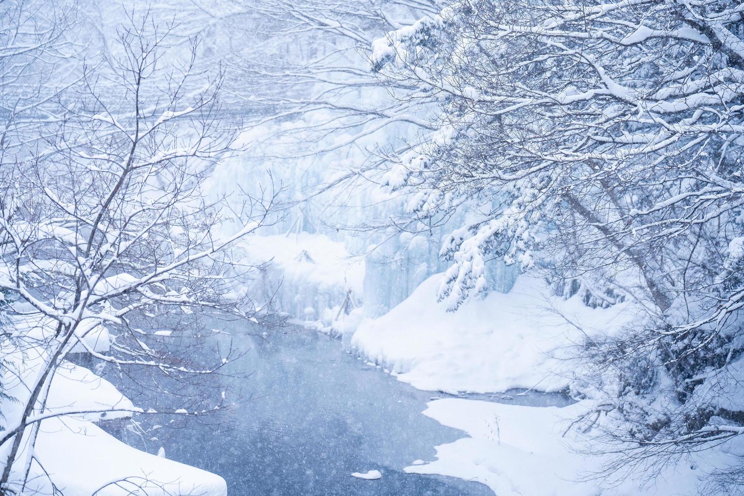 heavy snow  at the river in Heike No Sato Village in Tochigi Prefecture, Nikko City, JAPAN photo