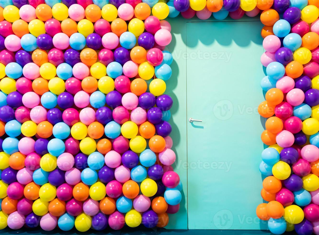 Door room with colorful balloons - concept of celebration, party, happy birthday. photo