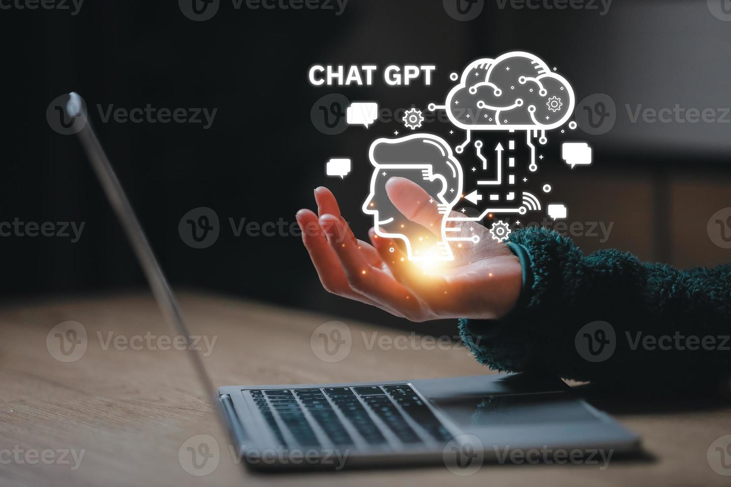 Hand touching digital chatbot for provide access to information and data in online network, robot application and global connection, AI, Artificial intelligence, innovation. photo