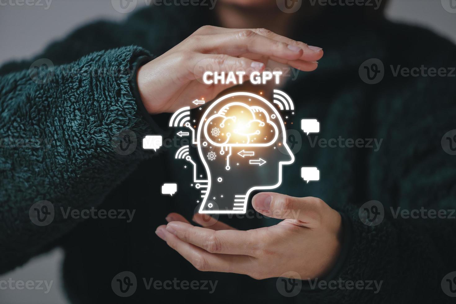 Hand touching digital chatbot for provide access to information and data in online network, robot application and global connection, AI, Artificial intelligence, innovation. photo