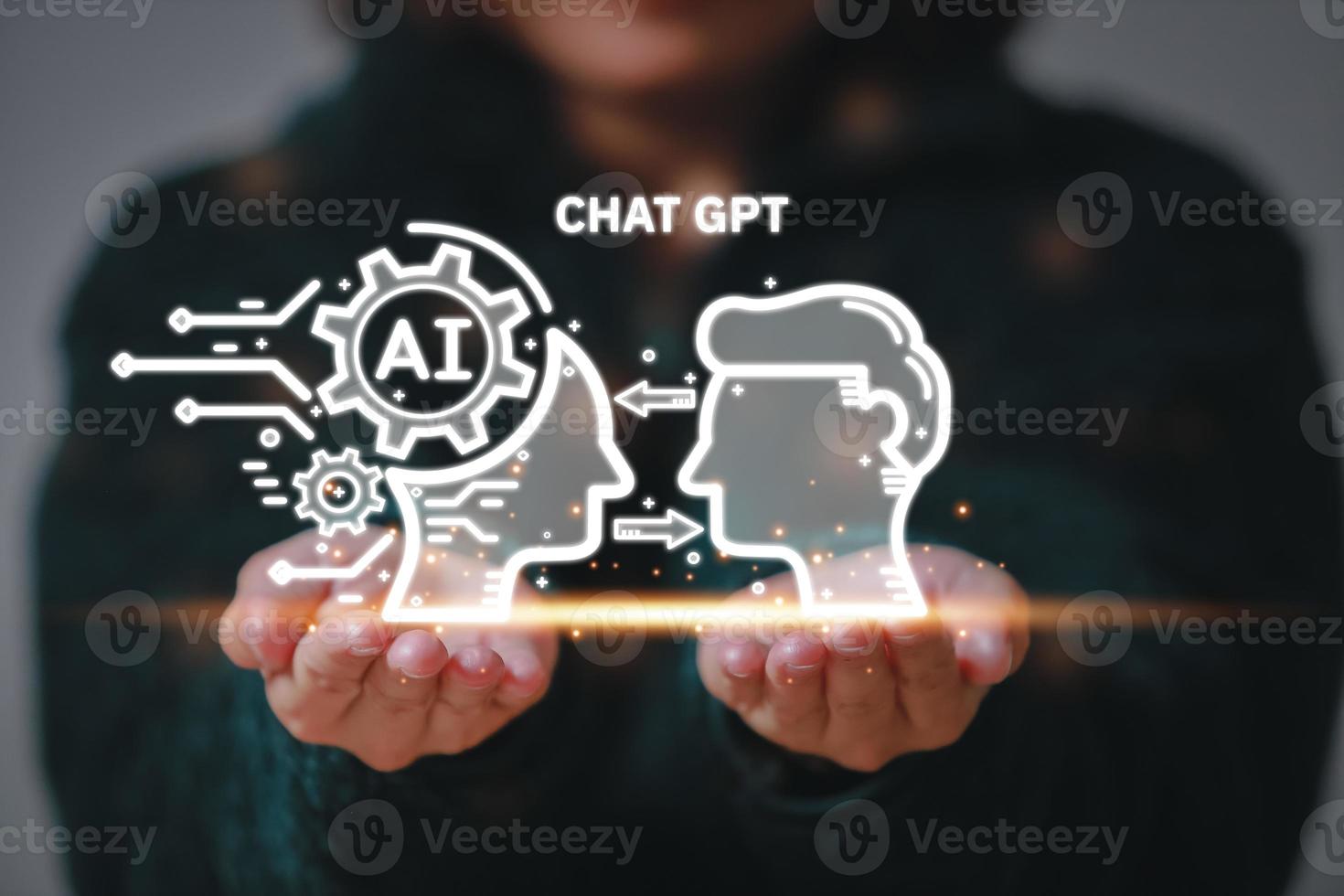 Hand touching digital chatbot for provide access to information and data in online network, robot application and global connection, AI, Artificial intelligence, innovation. photo