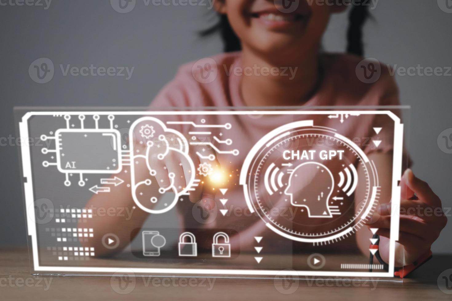 Hand touching digital chatbot for provide access to information and data in online network, robot application and global connection, AI, Artificial intelligence, innovation. photo
