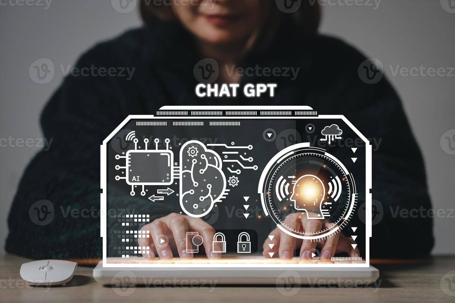 Hand touching digital chatbot for provide access to information and data in online network, robot application and global connection, AI, Artificial intelligence, innovation. photo