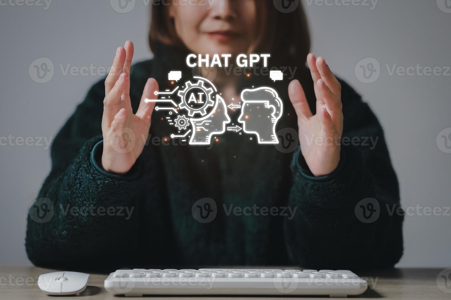 Hand touching digital chatbot for provide access to information and data in online network, robot application and global connection, AI, Artificial intelligence, innovation. photo