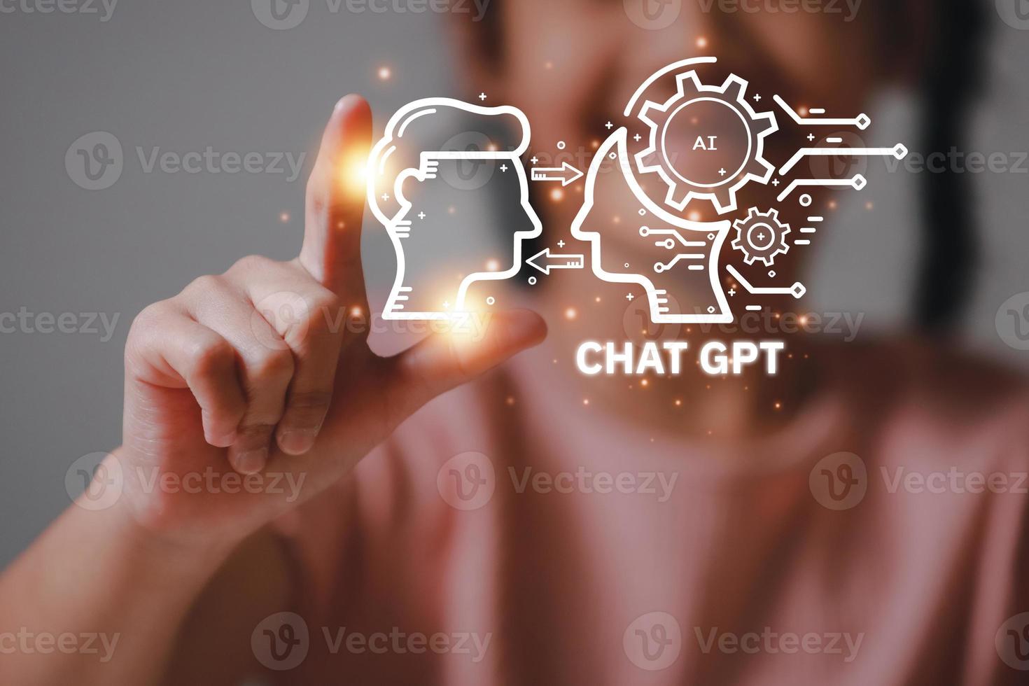 Hand touching digital chatbot for provide access to information and data in online network, robot application and global connection, AI, Artificial intelligence, innovation. photo