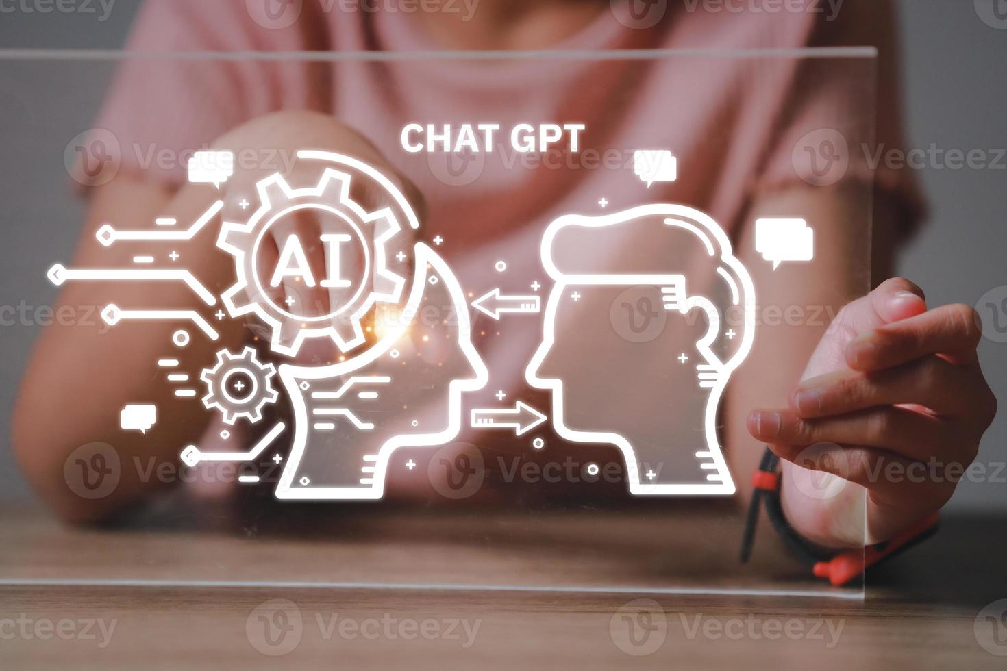 Hand touching digital chatbot for provide access to information and data in online network, robot application and global connection, AI, Artificial intelligence, innovation. photo