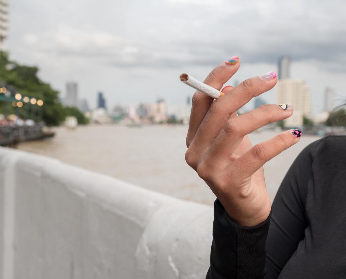 Closeup hand woman teen young asia one person wearing a black shirt hold smoking cigarette white color standing outdoor by the wall photo