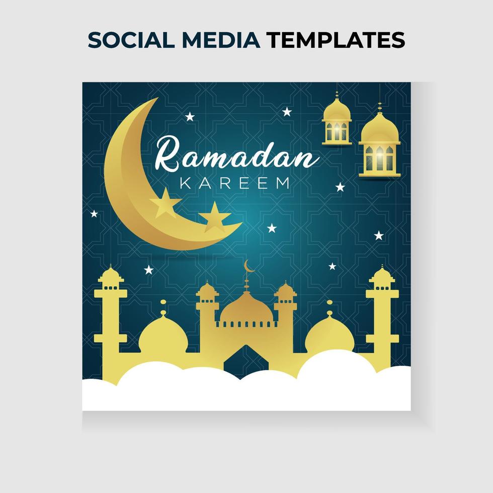 publicación en redes sociales tema de ramadán con elementos de mezquita y linterna vector