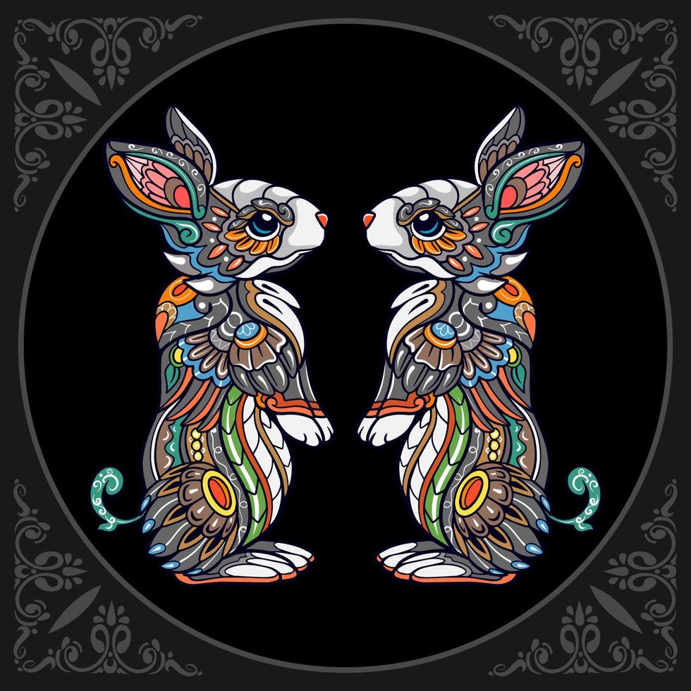 Colorful easter rabbit mandala arts isolated on black background vector
