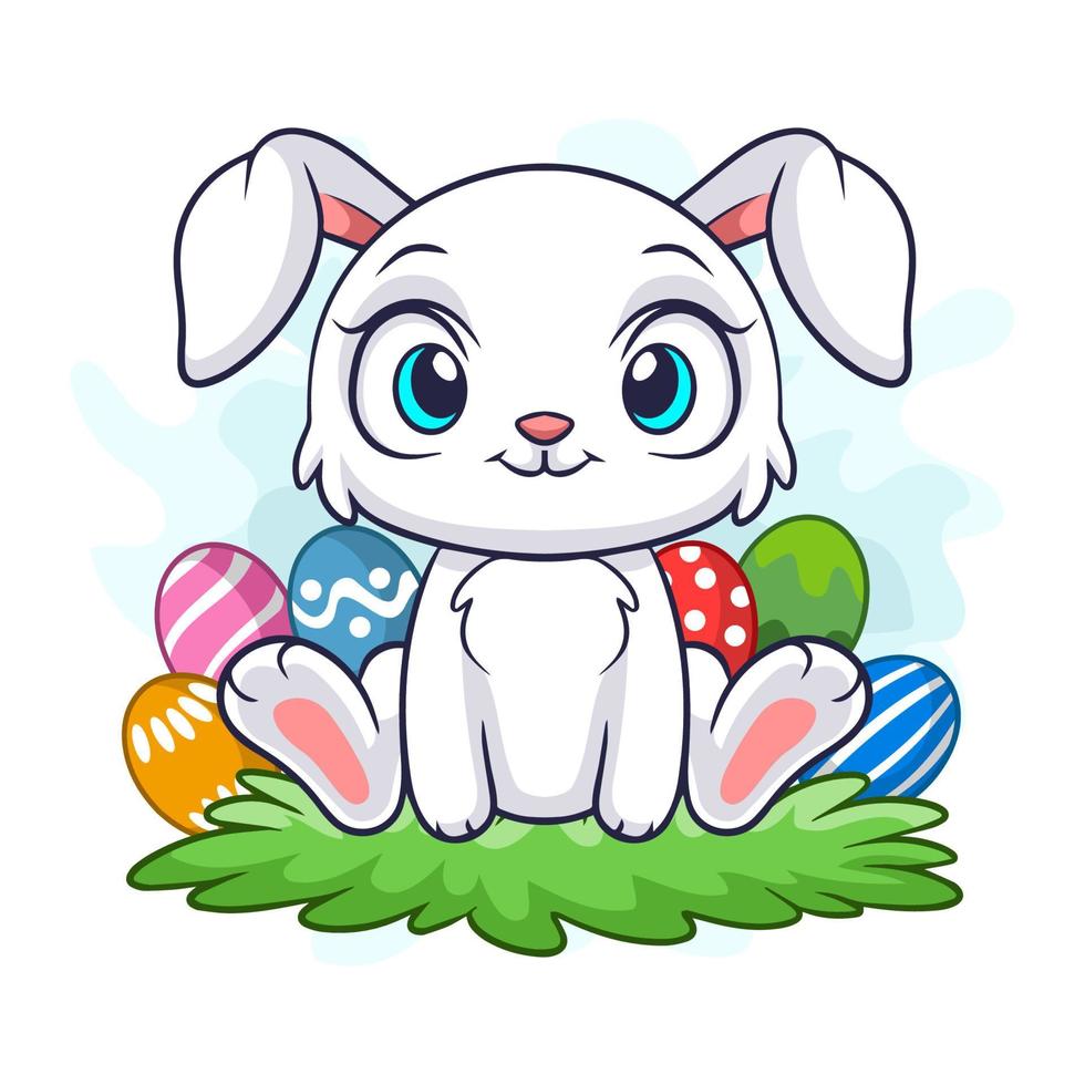 lindo conejito de dibujos animados rodeado de huevos de pascua vector