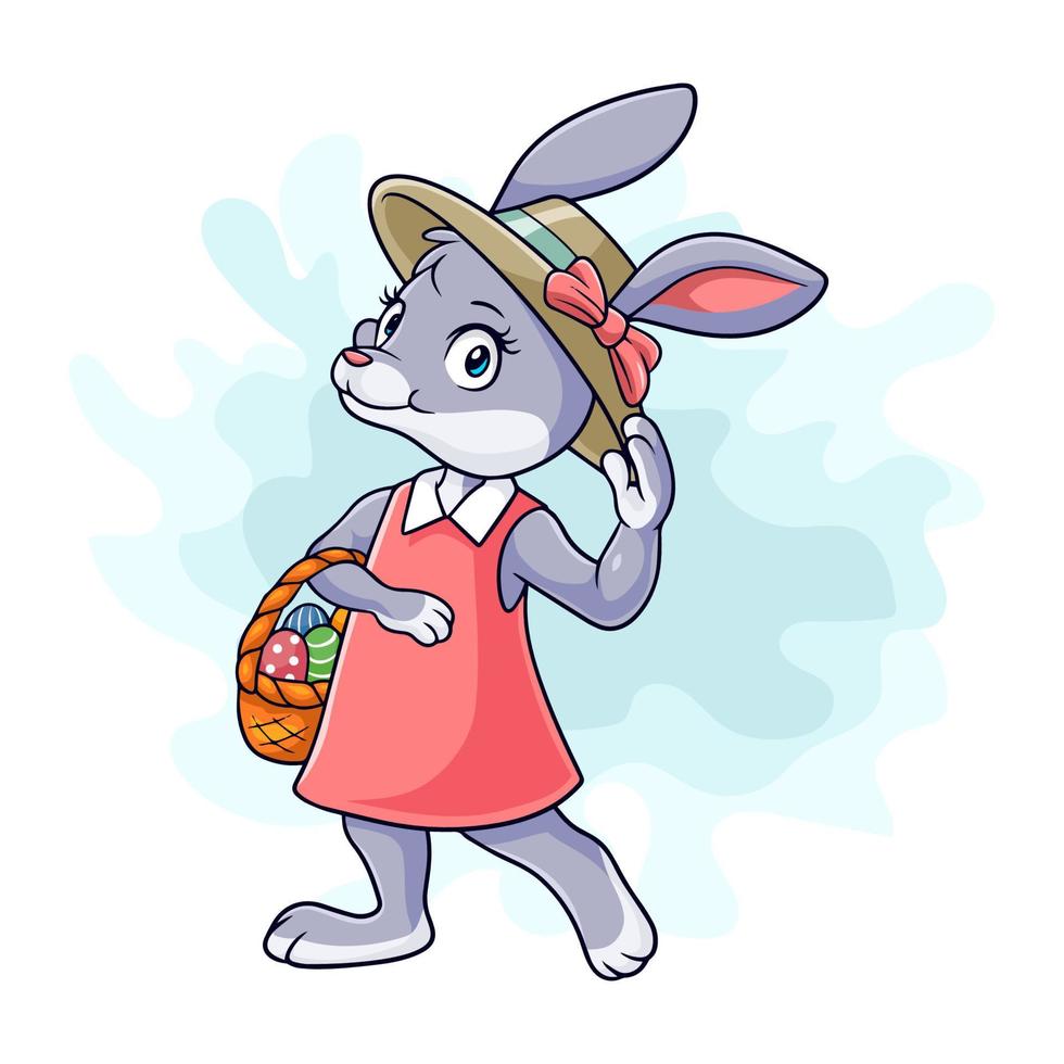 hermosa caricatura de conejito que lleva una canasta de huevos de pascua vector