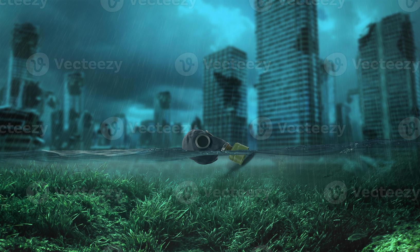 post apocalyptic destroyed city illustration. Flooding city. Futuristic concept. photo