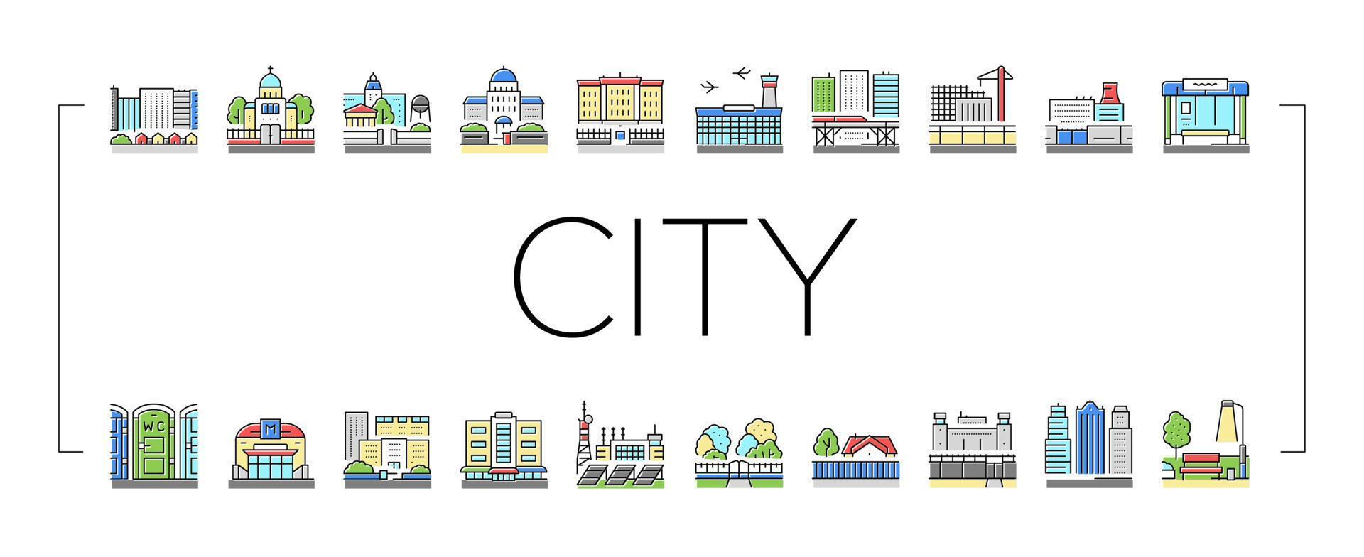 conjunto de iconos de construcción y paisaje de la ciudad vector