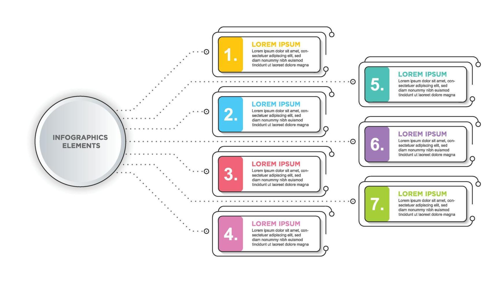 plantilla de infografía empresarial con 7 opciones. para contenido, diagrama, diagrama de flujo, pasos, partes, infografías de línea de tiempo, flujo de trabajo, gráfico. vector