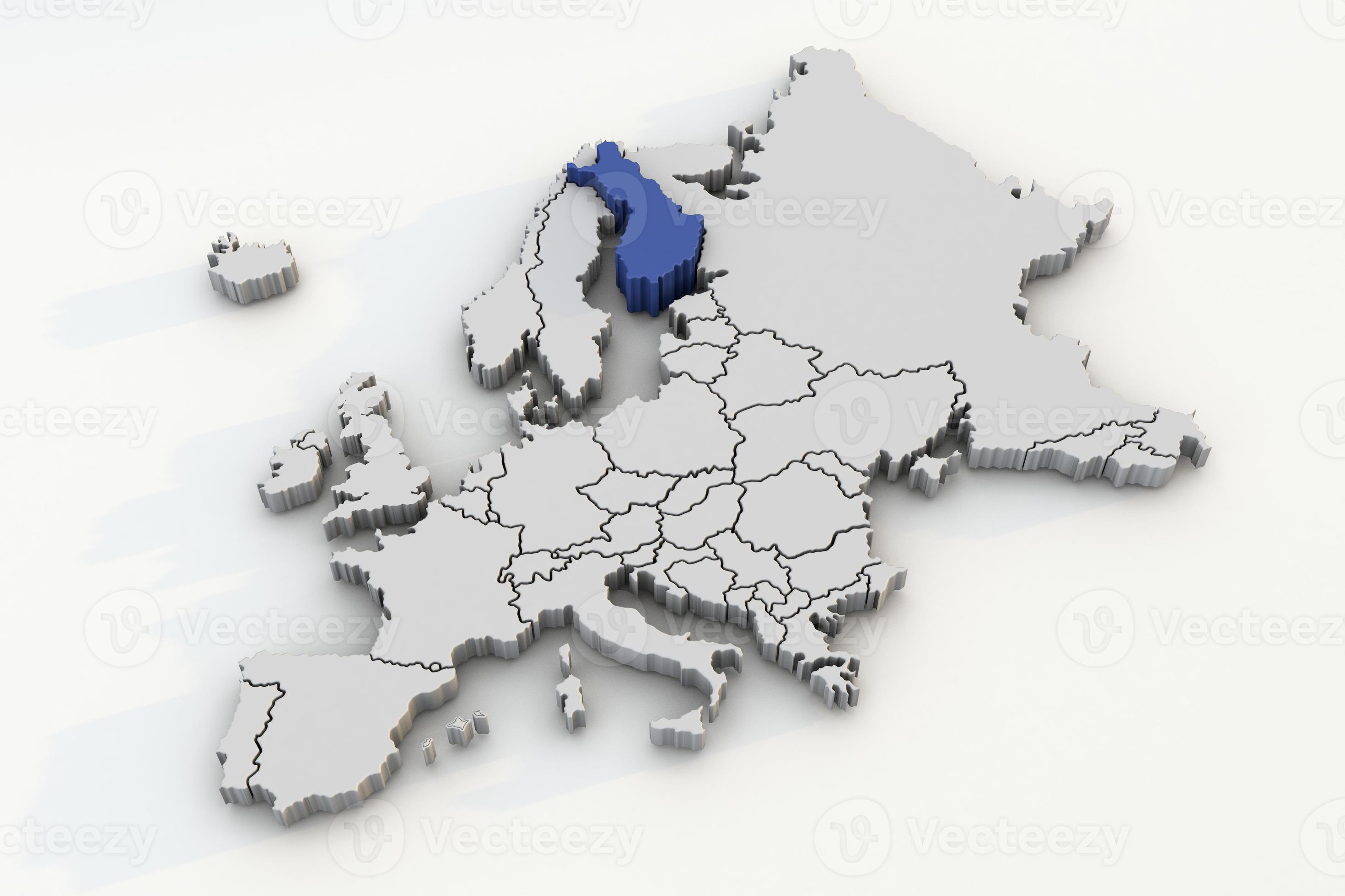 Europe map 3d render isolated with blue Finland a European country ...