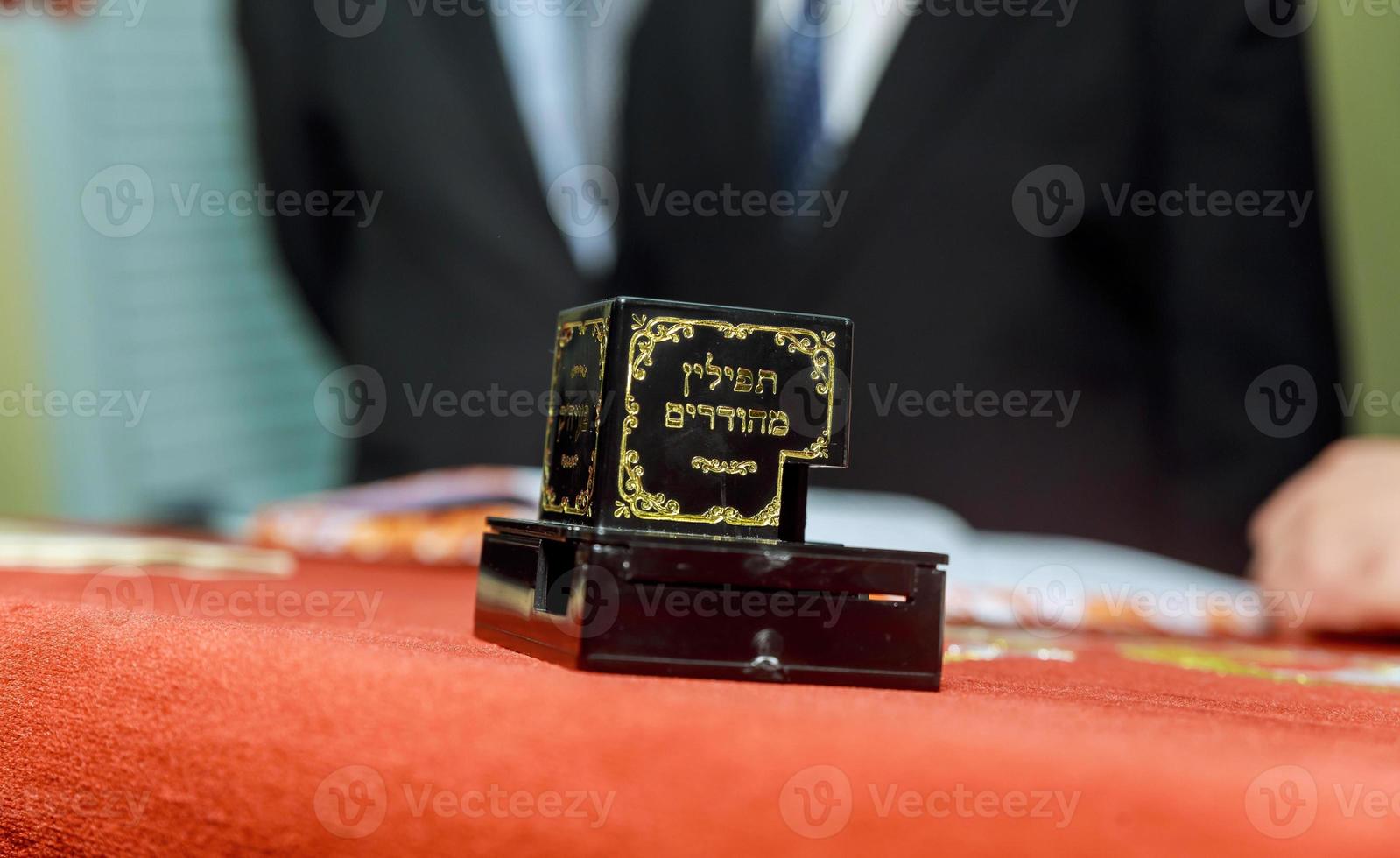Tefillin. Bar Mitzvah background of a prayer shawl photo
