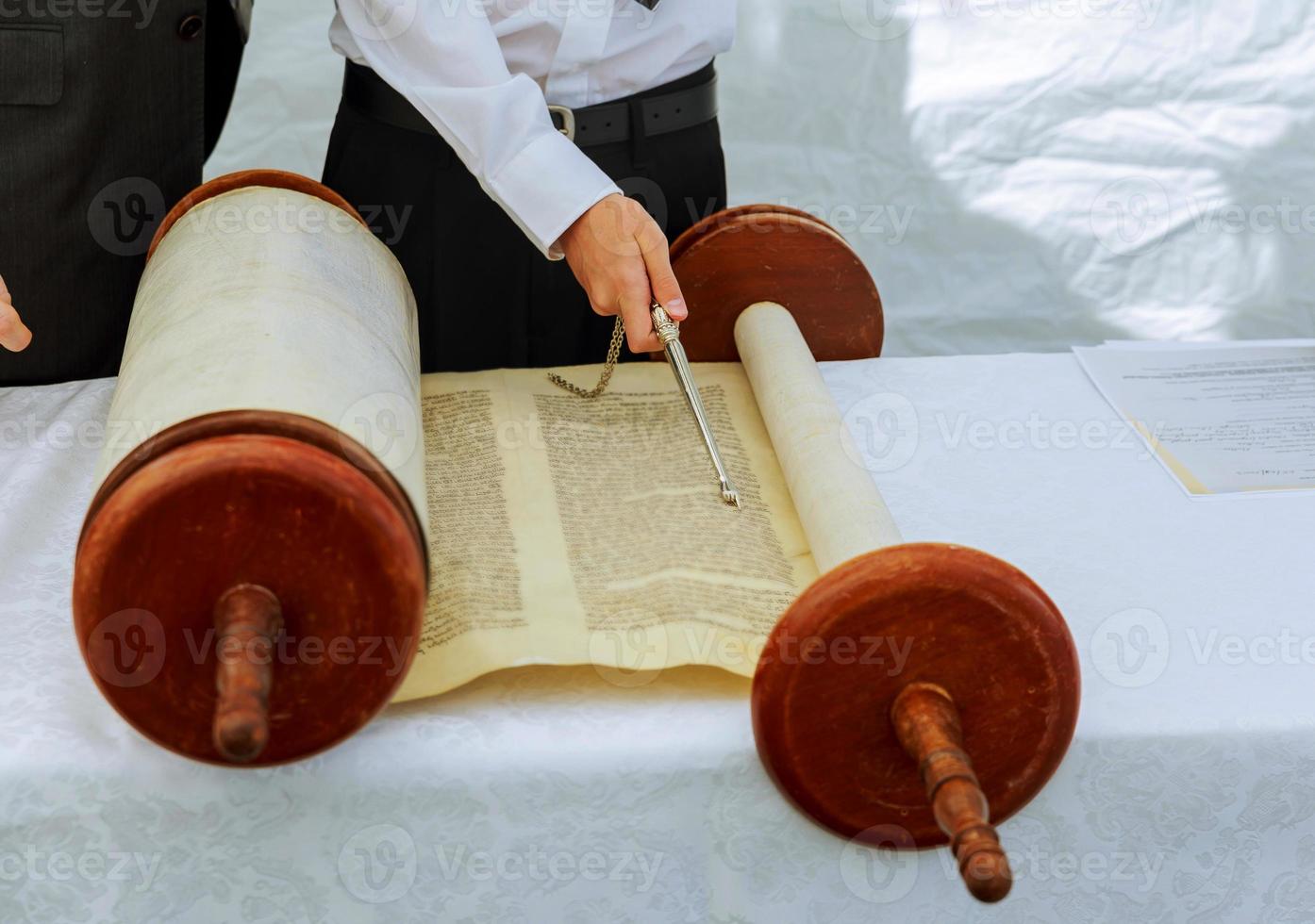 Hand of boy reading the Jewish Torah at Bar Mitzvah 5 SEPTEMBER 2016 USA photo