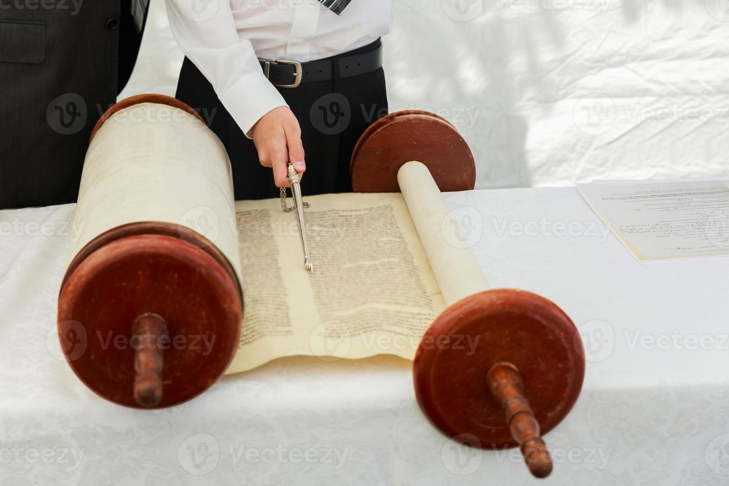 Hand of boy reading the Jewish Torah at Bar Mitzvah 5 SEPTEMBER 2016 USA photo