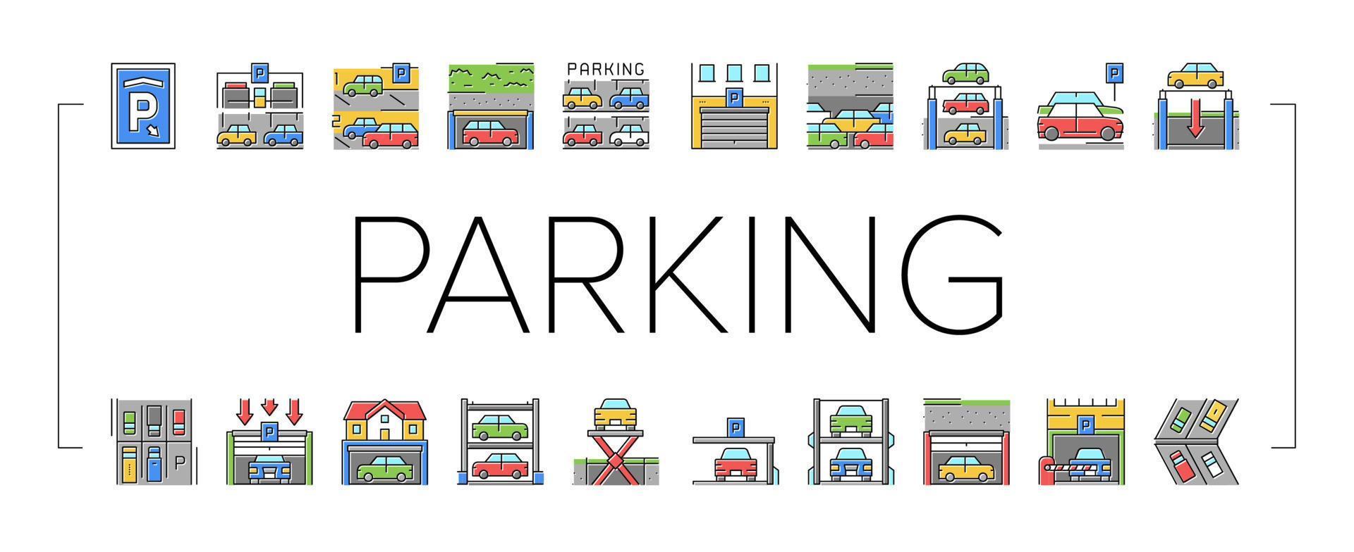 Underground Parking Collection Icons Set Vector