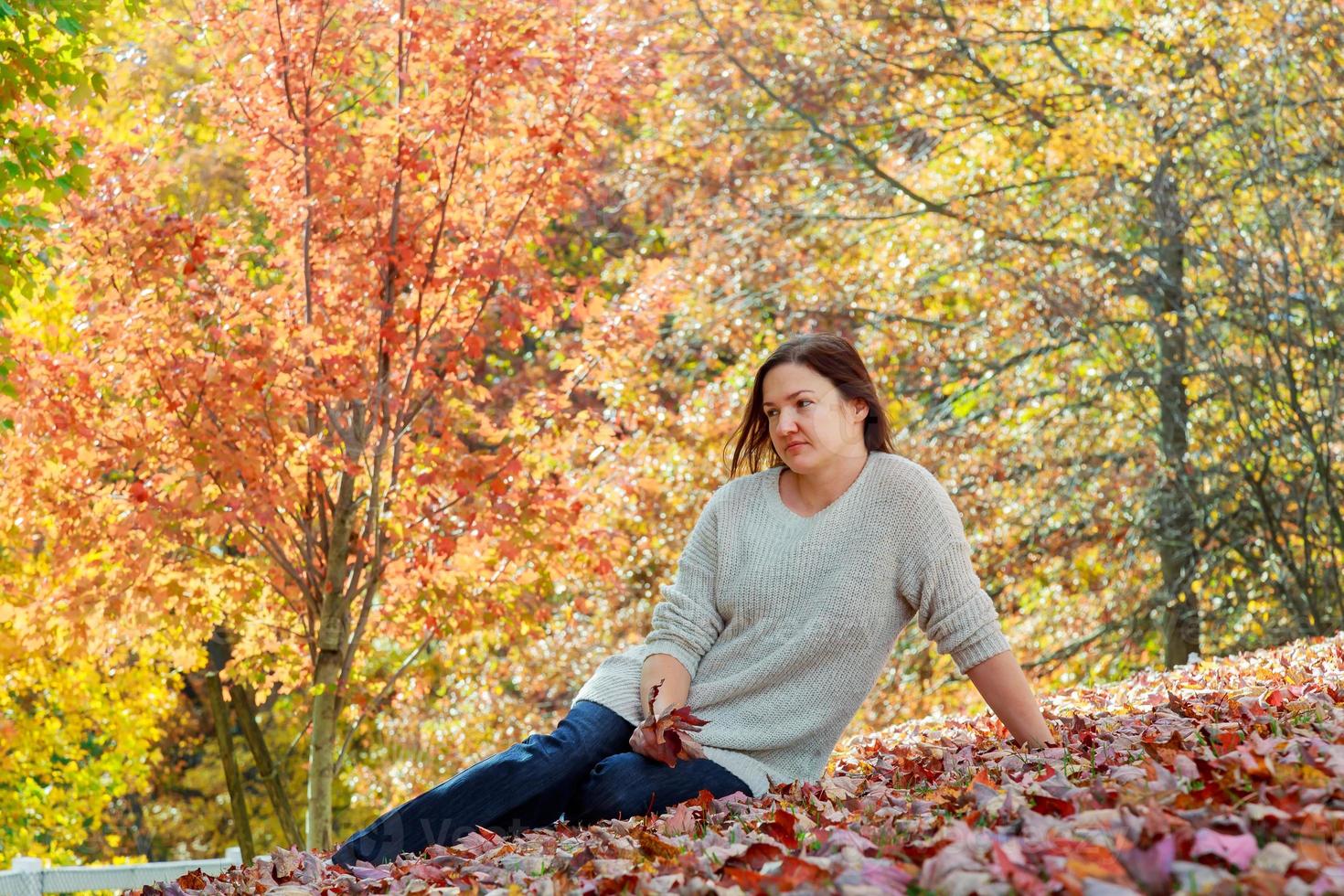 Autumn woman on leafs background photo