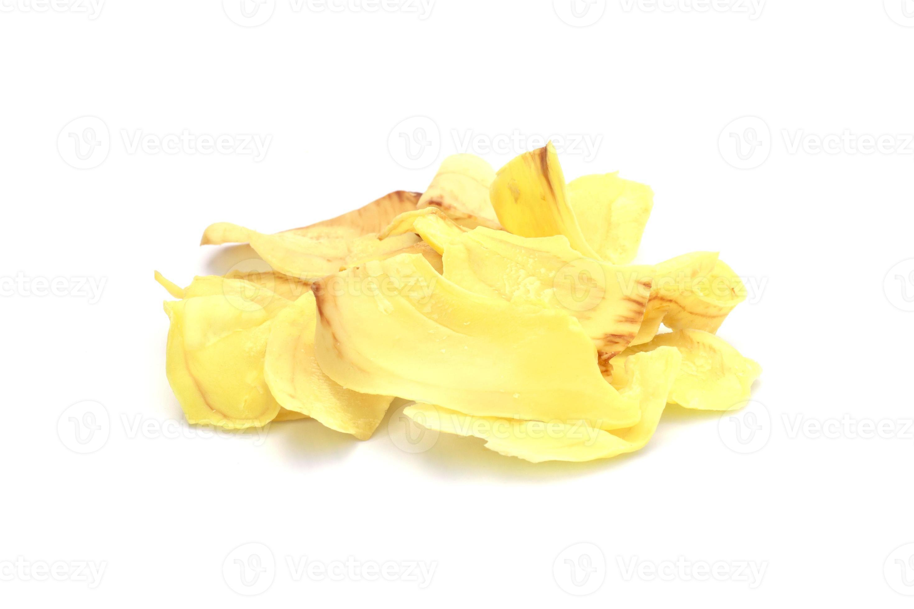 Durian chips fried is snack of Thailand isolated on white background