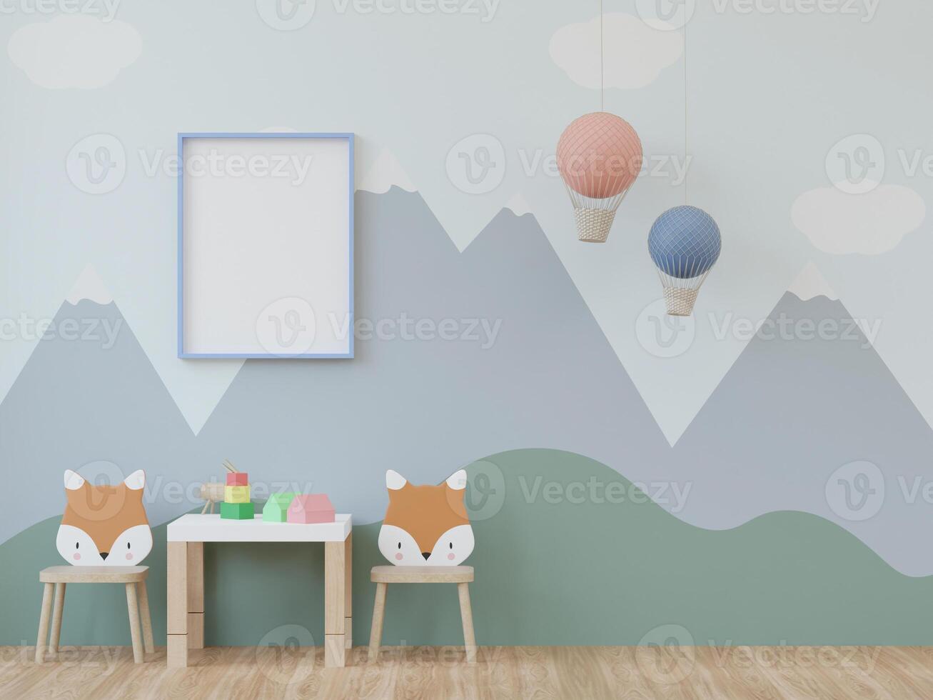 3D mockup photo frame in chidren room rendering