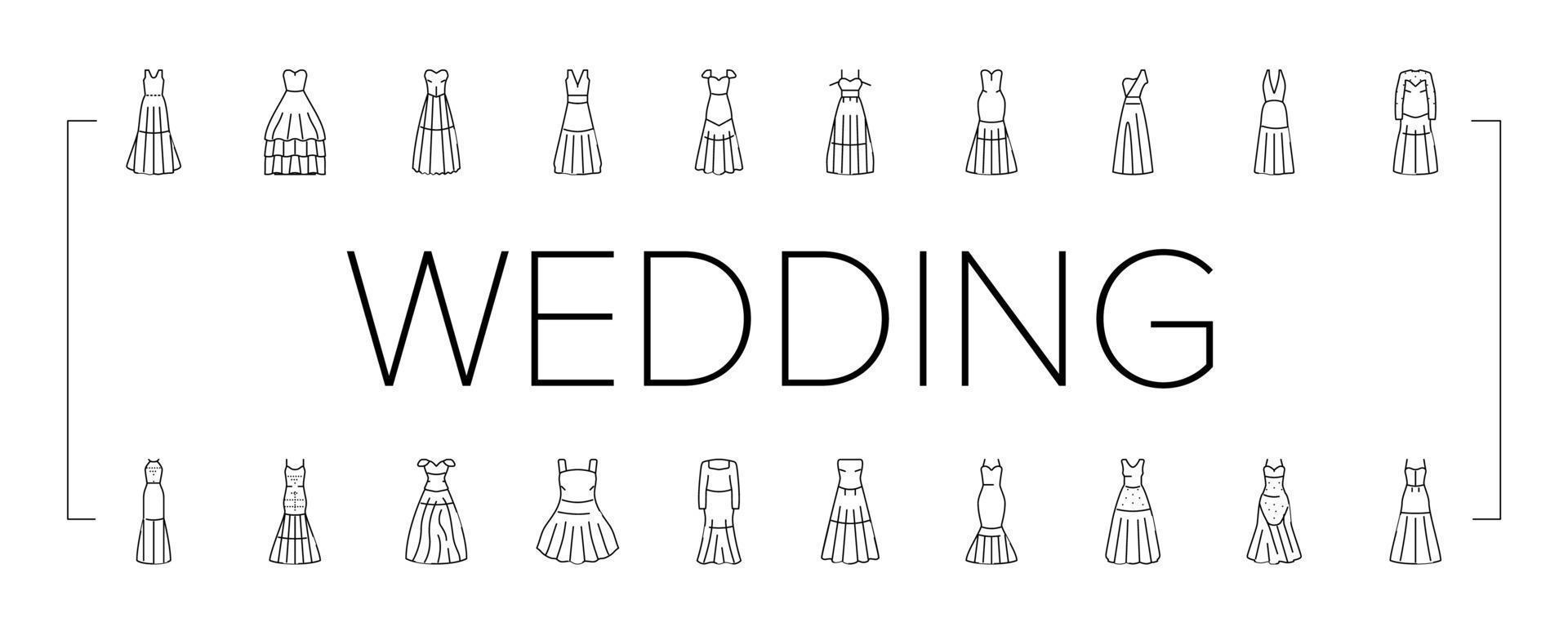 wedding dress bride woman icons set vector